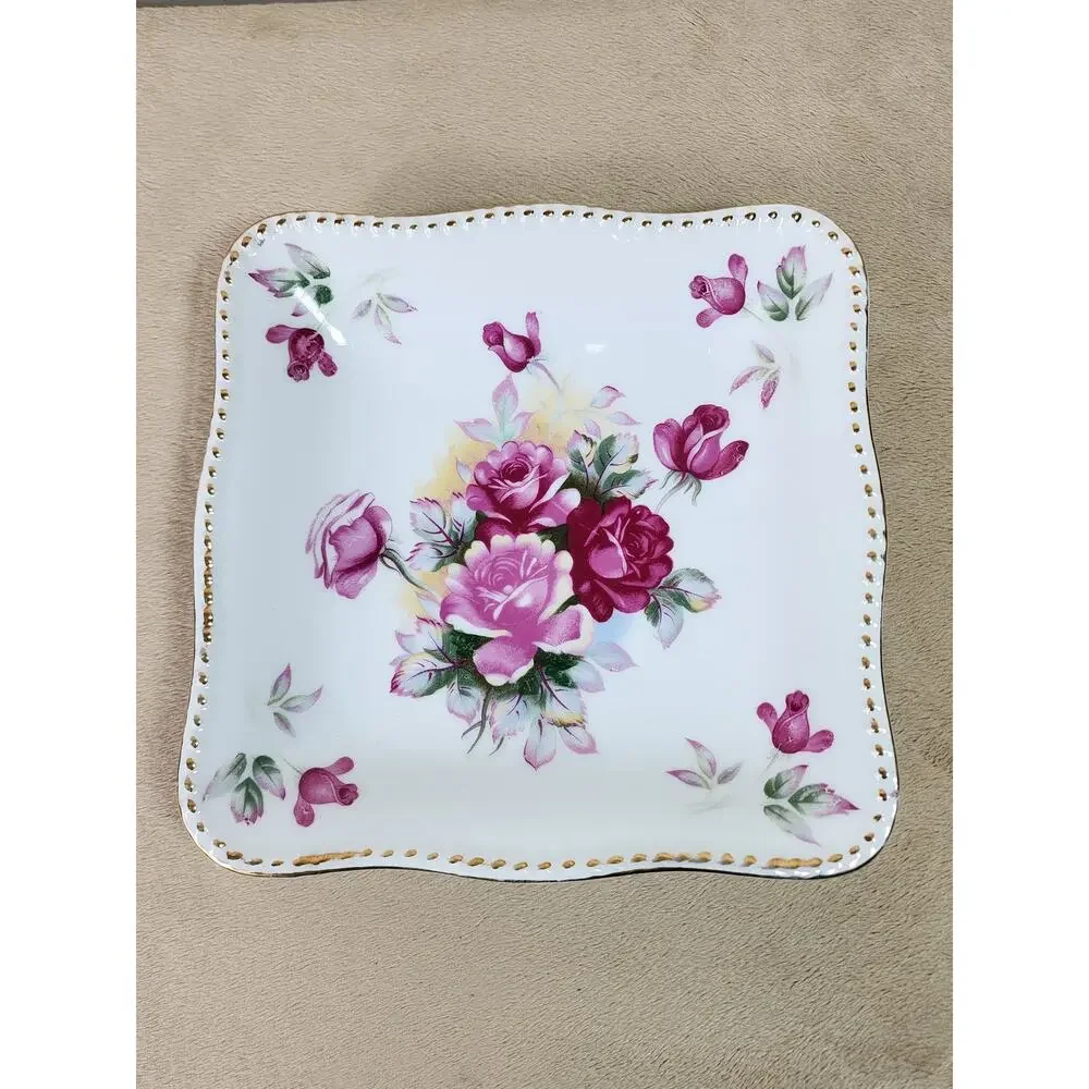 Square Bowl Floral Design Pink Roses 8 1/4